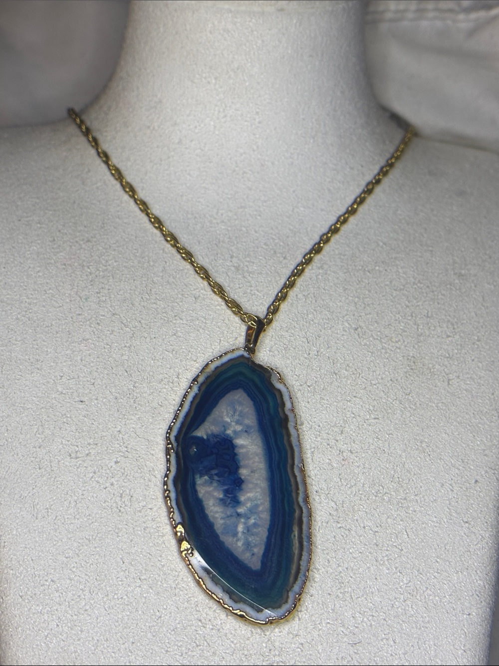Druzy Blue White Quartz Geode slice long necklace